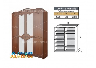 Спальный гарнитур Лотос ШР-4 шкаф 2 зеркала цвет: орех