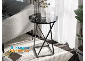 Стол журнальный со стеклянной поверхностью ДП 1-03-05 цвет: черный/стекло с рисунком мрамор белый